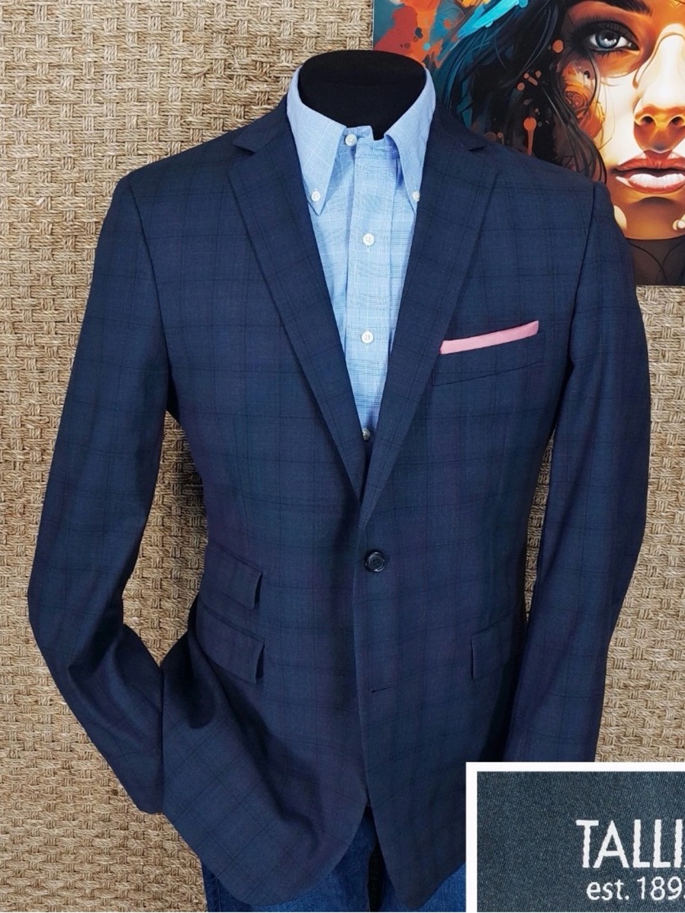 TALLIA Black Label Men’s 42 L Summer Wool Sport Coat Blue Black Plaid Blazer
